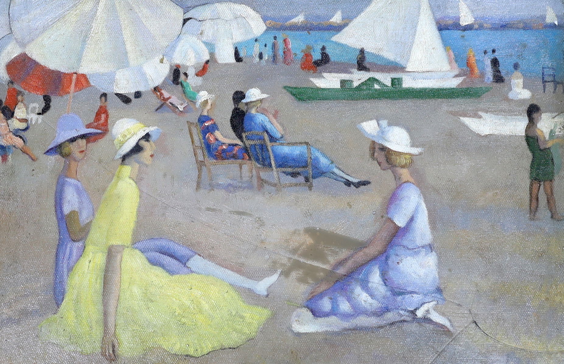 Oil on canvas board, Women on a beach, 28 x 42cm